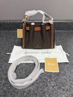 NWT Michael Kors Brown Mina Small Signature Logo Chain Crossbody Bag $328